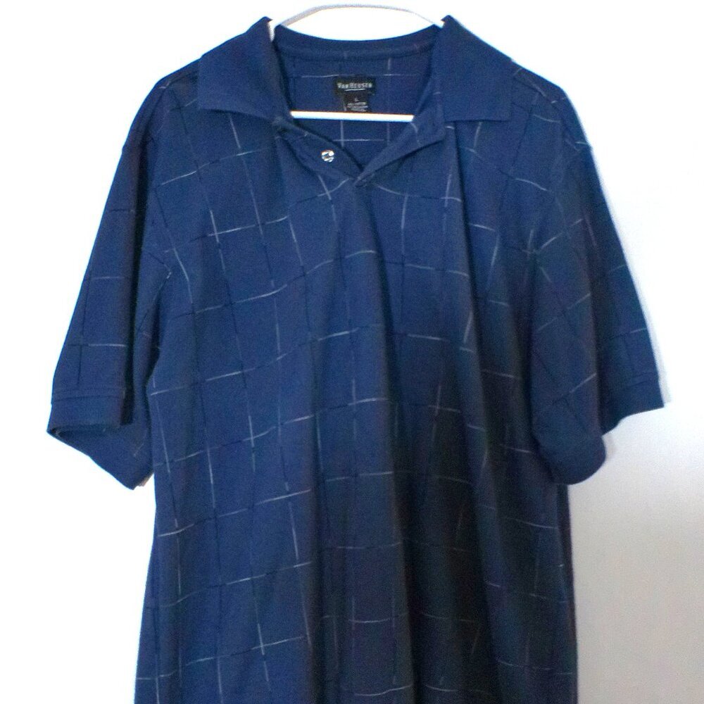 Van Heusen Men’s Large Navy Windowpane Polo Shirt Cotton Blend Short Sleeve